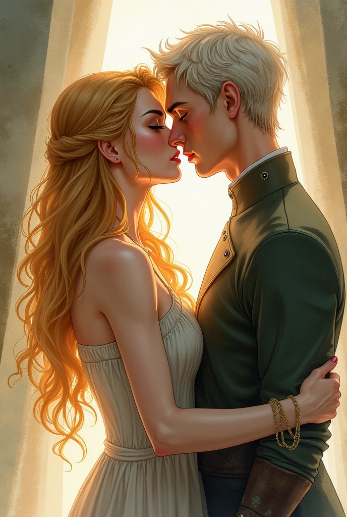 Create a realistic watercolor illustration that captures an intense, emotionally charged moment between Celaena Sardothien and Rowan Whitethorn. The scene should depict a sexual moment between them. Celaena, with her long, wavy golden blonde hair and expressive blue eyes, should be shown with a serene and euphoric expression, highlighting the peak of emotional and physical intensity. Rowan, with his short, silver-white hair and green eyes, should be depicted as attentive and deeply connected to her.

In the illustration, Celaena and Rowan are shown in an intimate, passionate setting, with their bodies joined together. Celaena's expression should convey a sense of deep release from orgasm, with her eyes closed and mouth slightly open, reflecting the intensity of the moment. Rowan's attitude should express support and connection. They should be surrounded by soft, warm light, which enhances the mood without drawing attention to specific physical details. The background should include soft and ethereal elements, such as soft lighting or delicate textures, creating an atmosphere of intimacy and depth, while preserving its dignity.