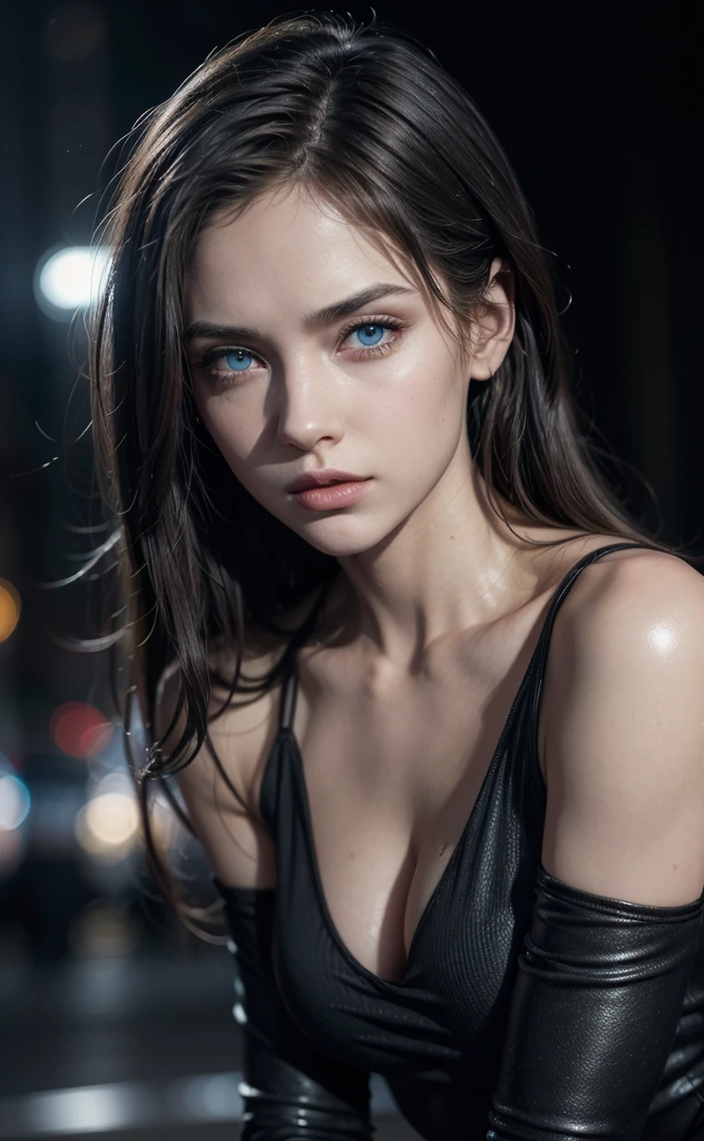 (sharp focus:1.2), photo, portrait, attractive young KariSweets , (beautiful face:1.1), super cute and fun, detailed blue eyes, luscious lips, (cat eye makeup:0.85), tight clothes, on a (night street:1.2). (moody lighting:1.2), depth of field, bokeh, 4K, HDR. by (James C. Christensen:1.2|Jeremy Lipking:1.1). by Frank Frazetta, by Luis Royo, by boris vallejo,