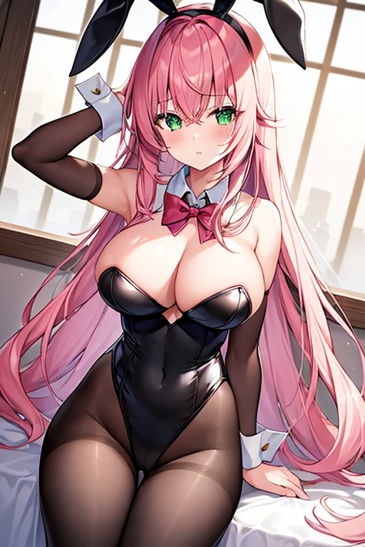 1girl, pink hair, long hair, hair over eyes, ((hair over eyes)), long bangs, ((long bangs)), green eyes, large breasts, thick thighs, wide hips, mature female, hourglass figure, bunnysuit, rabbit ears, leotard, black leotard, bowtie, red bowtie, pantyhose, black pantyhose, shy, timid,