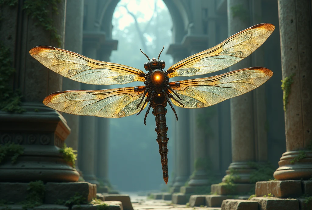 magic mechanical dragonfly as ancient god, concept art, 