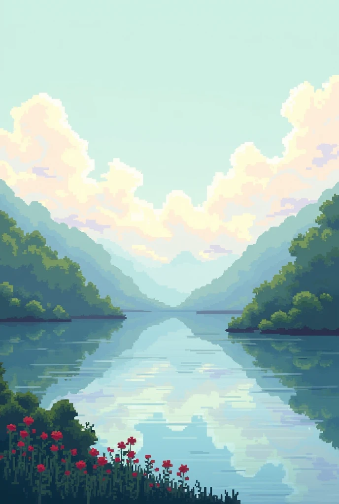 background of a game, in pixel art style, the background will be a lake of ducks, but the image won't have ducks