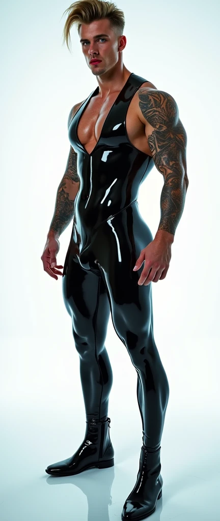 Fullbody standing picture of white skin Handsome muscular horny nude sexy gay man wearing tight skinny shiny vinyl suit, shiny black Disconnected Pompadour oiled hair style, blue eyes, shiny varnished vinyl shoes, red lip, chain, tattoos, horny, cum shot, sperm, milking penis, very big penis, very big testicle, shiny oiled skin, orgasm, oversexed, masturbation, standing at white lighting show room