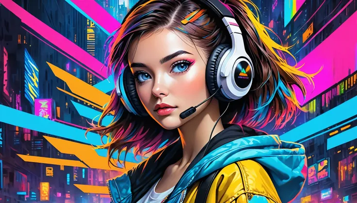 girl with wireless headphones, cyberpunk style, colorful, portrait, pop culture, realstic style