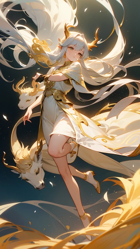 elegant ethereal qilin, gracefully covered in pearlescent scales that shimmer in a soft ivory tone, delicate golden and silver lines tracing its form in flowing patterns, dragon-like head with refined muzzle and long, flowing silvery-gold mane, two spiral ivory horns rising from its brow, slender deer-like body on thin elegant golden-hooved legs, surrounded by wispy clouds, serene and sacred presence, walking on a dawn-lit meadow