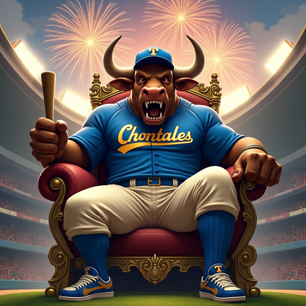 A giant furious bull with a body with big muscles sitting on a luxurious throne inside a baseball stadium with big horns and a cap with the letter T on it, a t-shirt that says Chontales in blue and cream-colored baseball pants and baseball shoes in one hand, a baseball bat and fireworks in the sky