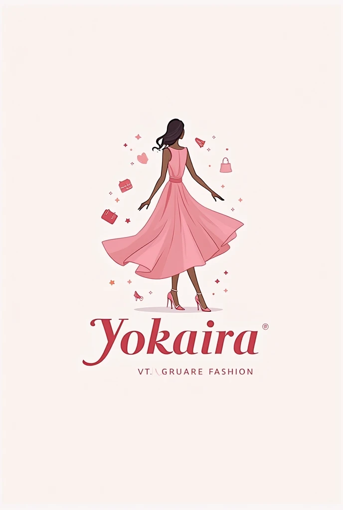 Create a logo for an online store called Yokaira, The logo should be a beautiful pastel pink color and also have beautiful accessories like earrings, a dress, purse and heels. It should have a beautiful phrase or subtitle below that attracts customers