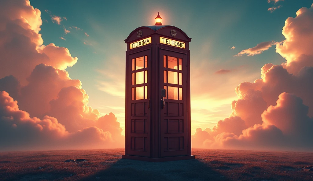 Image generated of a telephone booth with a sky background, DC promotional art, cabine fancy, Written on top of the booth TEDOMA, fancy, 3840x2160, 3840 x 2160, fullHD, movie theatertic, movie theater