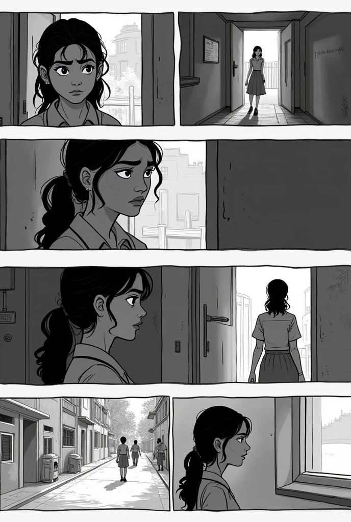 Indian police offer girls on her phone calling her friend entering police station 
Make a storyboard in black and white in 8 mages pannels for a movie 