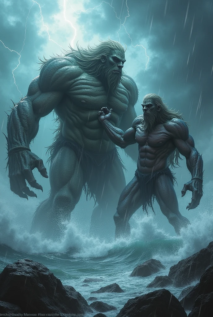 A titan emerges from the sea but fights another one on a rainy day.