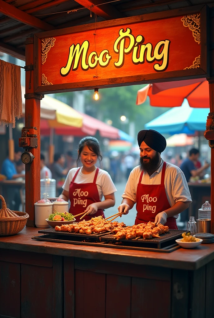 A Thai-style grilled pork booth, with a 1 meter spacing. The booth's sign says 'Moo Ping'. The sellers are a Thai woman and a Sikh man. 


