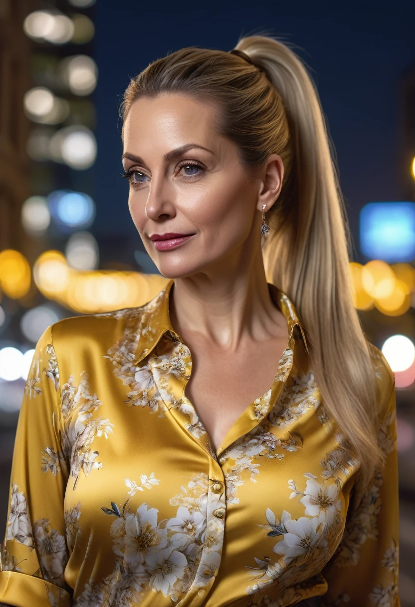 Close-up, 8K quality, realistic image of a beautiful 45 year old European woman with long blonde hair tied back in a ponytail. She had a curvy body with slightly larger breasts and was wearing a yellow floral patterned blouse and a short skirt. He stood in the city at night, with the soft city lights illuminating him. The background features city buildings, street lights, and a vibrant night scene, highlighting its calm and elegant presence in the urban environment.