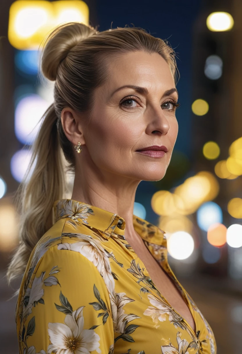 Close-up, 8K quality, realistic image of a beautiful 45 year old European woman with long blonde hair tied back in a ponytail. She had a curvy body with slightly larger breasts and was wearing a yellow floral patterned blouse and a short skirt. He stood in the city at night, with the soft city lights illuminating him. The background features city buildings, street lights, and a vibrant night scene, highlighting its calm and elegant presence in the urban environment.