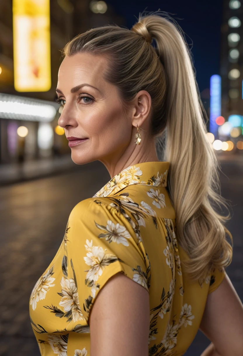 Close-up, 8K quality, realistic image of a beautiful 45 year old European woman with long blonde hair tied back in a ponytail. She had a curvy body with slightly larger breasts and was wearing a yellow floral patterned blouse and a short skirt. He stood in the city at night, with the soft city lights illuminating him. The background features city buildings, street lights, and a vibrant night scene, highlighting its calm and elegant presence in the urban environment.