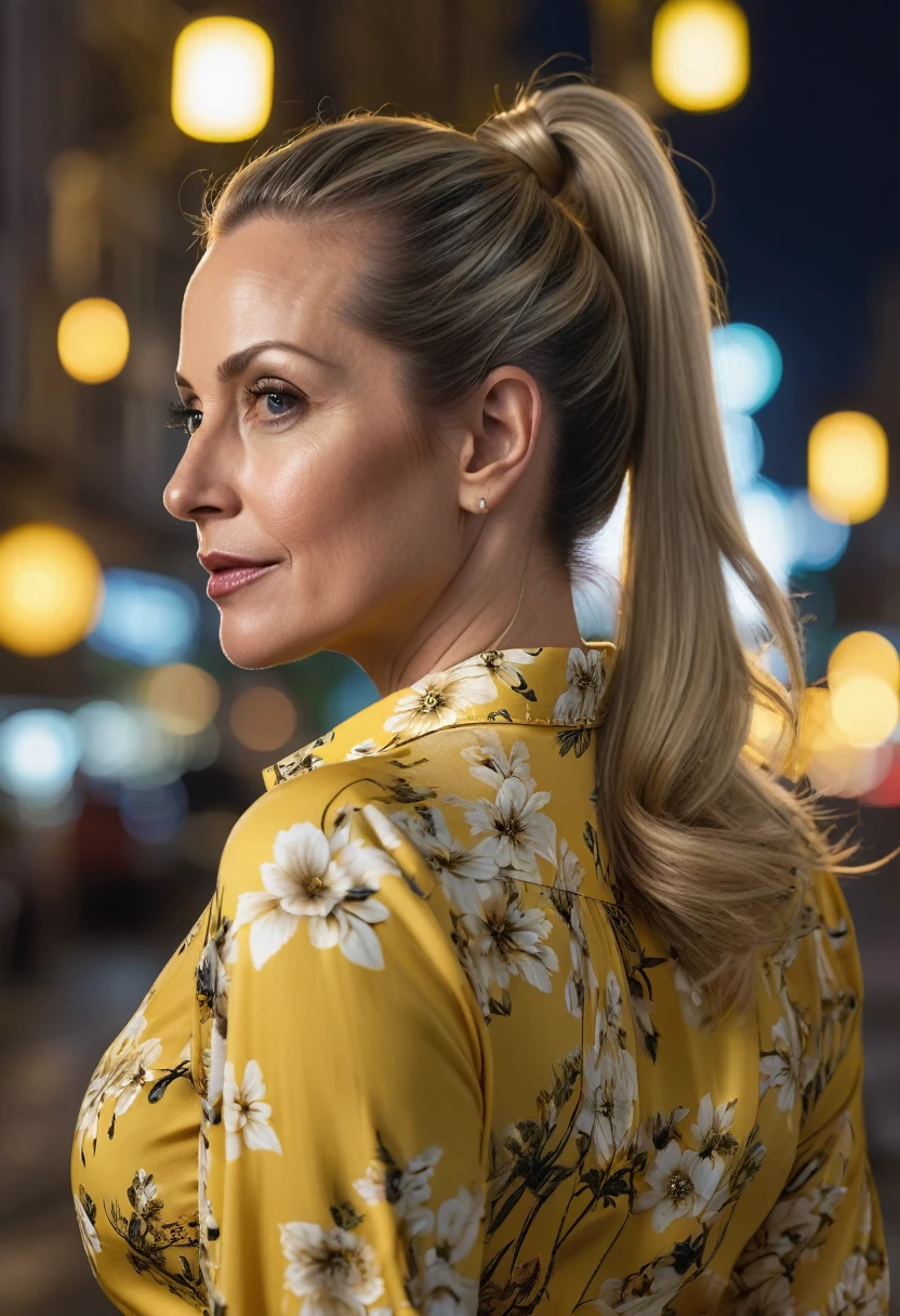 Close-up, 8K quality, realistic image of a beautiful 45 year old European woman with long blonde hair tied back in a ponytail. She had a curvy body with slightly larger breasts and was wearing a yellow floral patterned blouse and a short skirt. He stood in the city at night, with the soft city lights illuminating him. The background features city buildings, street lights, and a vibrant night scene, highlighting its calm and elegant presence in the urban environment.