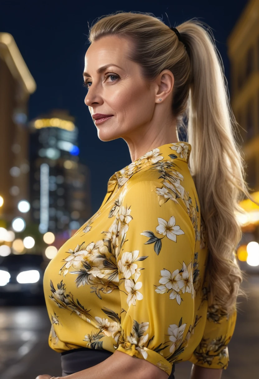 Close-up, 8K quality, realistic image of a beautiful 45 year old European woman with long blonde hair tied back in a ponytail. She had a curvy body with slightly larger breasts and was wearing a yellow floral patterned blouse and a short skirt. He stood in the city at night, with the soft city lights illuminating him. The background features city buildings, street lights, and a vibrant night scene, highlighting its calm and elegant presence in the urban environment.