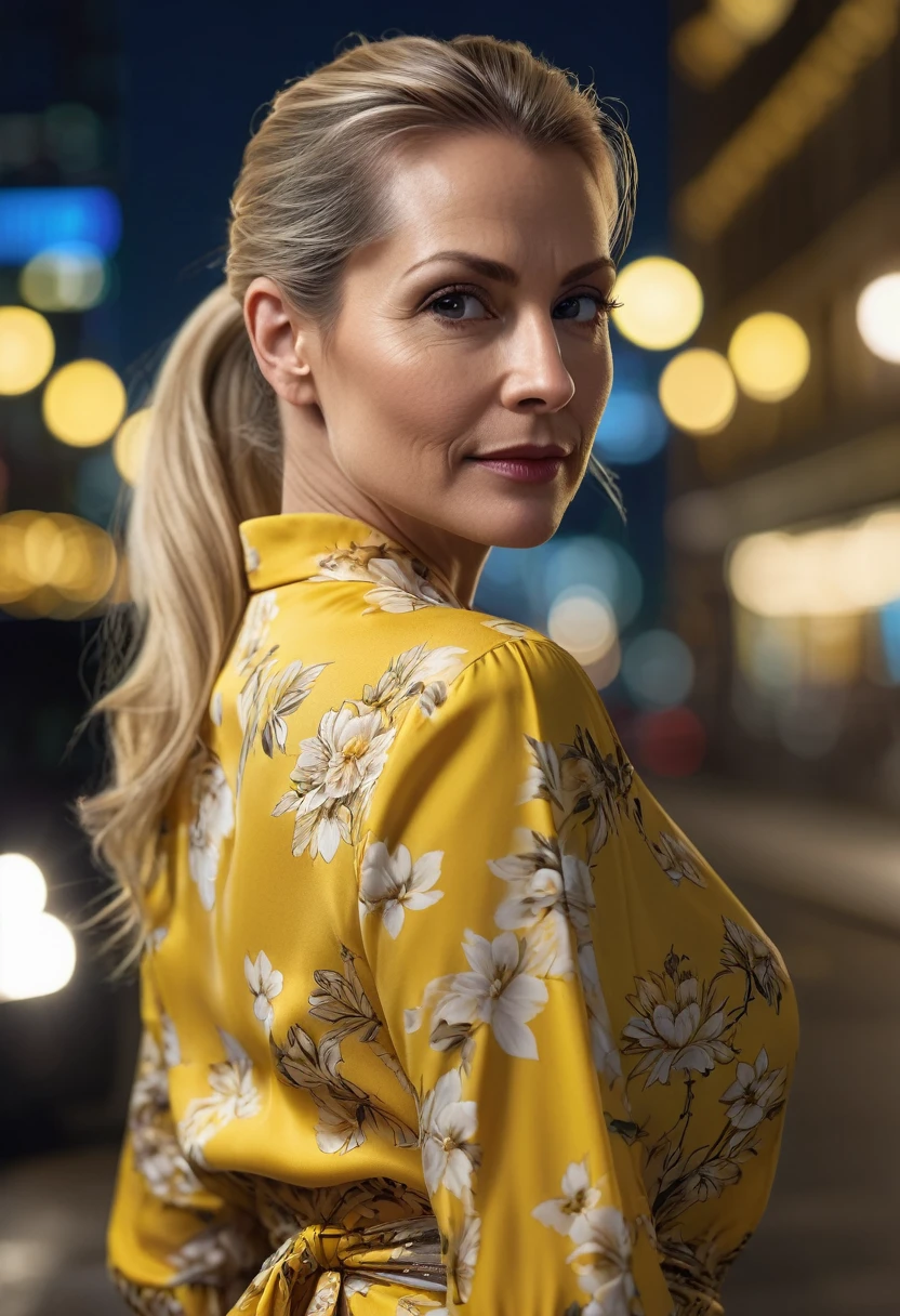 Close-up, 8K quality, realistic image of a beautiful 45 year old European woman with long blonde hair tied back in a ponytail. She had a curvy body with slightly larger breasts and was wearing a yellow floral patterned blouse and a short skirt. He stood in the city at night, with the soft city lights illuminating him. The background features city buildings, street lights, and a vibrant night scene, highlighting its calm and elegant presence in the urban environment.