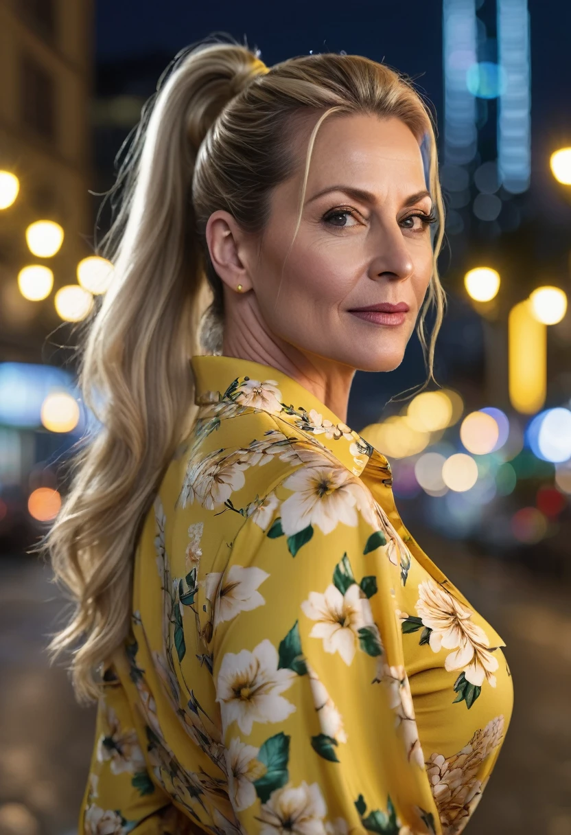 Close-up, 8K quality, realistic image of a beautiful 45 year old European woman with long blonde hair tied back in a ponytail. She had a curvy body with slightly larger breasts and was wearing a yellow floral patterned blouse and a short skirt. He stood in the city at night, with the soft city lights illuminating him. The background features city buildings, street lights, and a vibrant night scene, highlighting its calm and elegant presence in the urban environment.