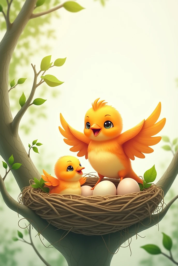 A nest with two closed eggs and another egg from which a bird with orange feathers hatches, and the mother bird is excited with her wings raised, all in a leafy tree., White background