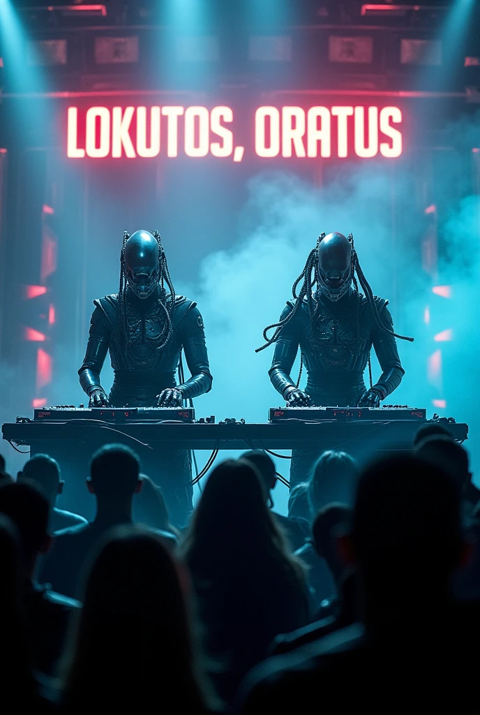2 DJs on stage.
Theme the Borg from Star Trek.
Names Lokutos and Oratus.
The name is on the screen.
Techno Party.
The DJs should look more Borg-like, as they did in Star Trek: The Next Generation.