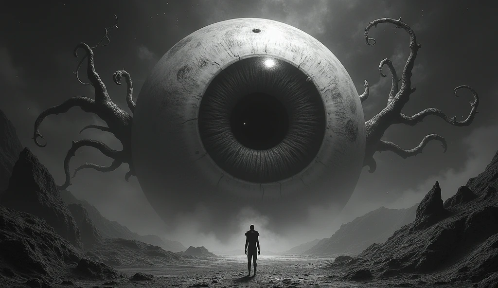 Moon with a gigantic eye horror cosmic Surrealism Lovecraft dark Imaginable black and white Tentacles Super detailed realistic HQ style drawn Lots of details, 4K, masterpiece