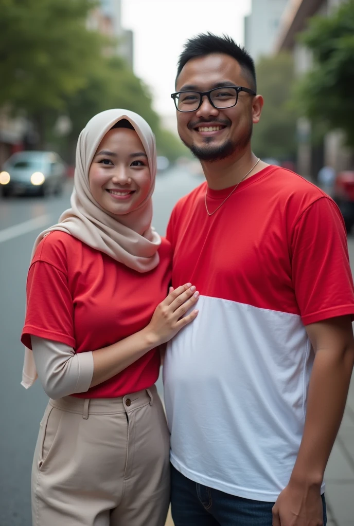 very high quality photo, an independence scene, a woman wearing a hijab from Indonesia is with a man wearing glasses wearing a red and white t-shirt carrying a flag posing on the side of a city street, full body, realistic, cool visual effects, looks real and perfect, UHD 64K, very sweet