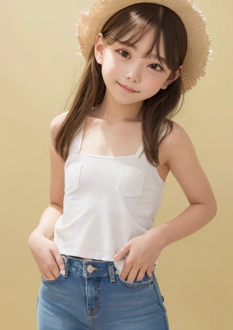 1girl, white croptop, jeans, crinkle, hair covers ears, hands in pocket,