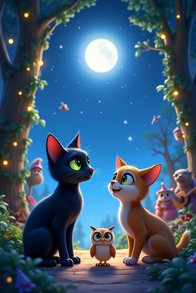 Generate a vibrant, colorful image of a black cat with vibrant green eyes and her owl friend living on the roof, looking at A small, distressed owl approaching a black cat with vibrant green eyes Luna and Olívia a cojula with blue eyes on the rooftop, asking for help. The scene captures the urgency and concern, with Luna and Olívia listening intently, while the little owl flutters its wings nervously. The night is calm, but the tension is palpable." the starry sky and sharing your dreams. The scene is dreamlike and reflective, with each character lost in thought, looking up at the stars. The atmosphere is calm and full of wonder."two friends, inspired by the artistic styles of Disney and Pixar. The setting is magical and welcoming, capturing the charm and joy characteristic of these animation studios. Details to include: -Location: A clearing enchanting with a starry sky and the moonlight illuminates everything and everything even more with tall trees around, illuminated by twinkling lights used on the rooftops. The evening light filters softly through the leaves, creating a play of light and shadow - both friends. looking up at the sky and admiring, but not limited to, a bear playing a musical instrument (such as a double bass), birds singing and dancing in the air, rabbits playing tambourines, A fox playing the guitar Have the animals show happy and friendly expressions ., with some party accessories (such as hats or bows). -Decoration: The scene should include natural decorative elements such as shining stars, vines woven into arches, and tables made from cut logs, covered with a feast of fruits, nuts, and so on. others). forest delights. - Style: Characters and environments should be rendered in the signature, highly animated style of Disney and Pixar, with special attention to detail, animal facial expressions, and a vibrant color palette that enhance the magical, festive atmosphere of the scene. Purpose: The image should evoke feelings of joy, community and th