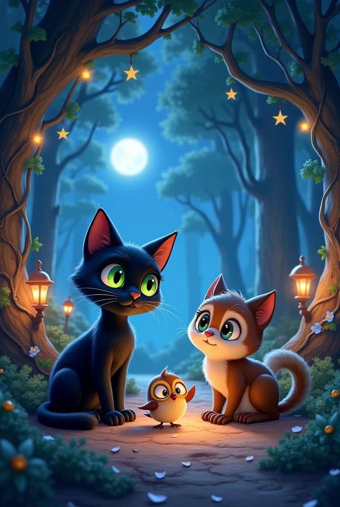 Generate a vibrant, colorful image of a black cat with vibrant green eyes and her owl friend living on the roof, looking at A small, distressed owl approaching a black cat with vibrant green eyes Luna and Olívia a cojula with blue eyes on the rooftop, asking for help. The scene captures the urgency and concern, with Luna and Olívia listening intently, while the little owl flutters its wings nervously. The night is calm, but the tension is palpable." the starry sky and sharing your dreams. The scene is dreamlike and reflective, with each character lost in thought, looking up at the stars. The atmosphere is calm and full of wonder."two friends, inspired by the artistic styles of Disney and Pixar. The setting is magical and welcoming, capturing the charm and joy characteristic of these animation studios. Details to include: -Location: A clearing enchanting with a starry sky and the moonlight illuminates everything and everything even more with tall trees around, illuminated by twinkling lights used on the rooftops. The evening light filters softly through the leaves, creating a play of light and shadow - both friends. looking up at the sky and admiring, but not limited to, a bear playing a musical instrument (such as a double bass), birds singing and dancing in the air, rabbits playing tambourines, A fox playing the guitar Have the animals show happy and friendly expressions ., with some party accessories (such as hats or bows). -Decoration: The scene should include natural decorative elements such as shining stars, vines woven into arches, and tables made from cut logs, covered with a feast of fruits, nuts, and so on. others). forest delights. - Style: Characters and environments should be rendered in the signature, highly animated style of Disney and Pixar, with special attention to detail, animal facial expressions, and a vibrant color palette that enhance the magical, festive atmosphere of the scene. Purpose: The image should evoke feelings of joy, community and th