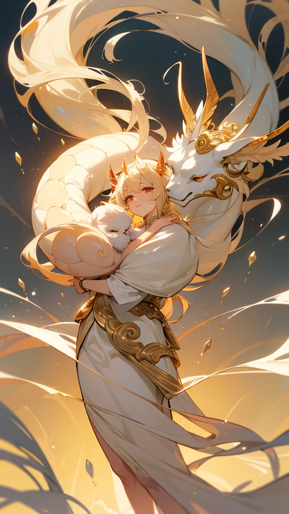 elegant ethereal qilin, gracefully covered in pearlescent scales that shimmer in a soft ivory tone, delicate golden and silver lines tracing its form in flowing patterns, dragon-like head with refined muzzle and long, flowing silvery-gold mane, two spiral ivory horns rising from its brow, slender deer-like body on thin elegant golden-hooved legs, surrounded by wispy clouds, serene and sacred presence, walking on a dawn-lit meadow