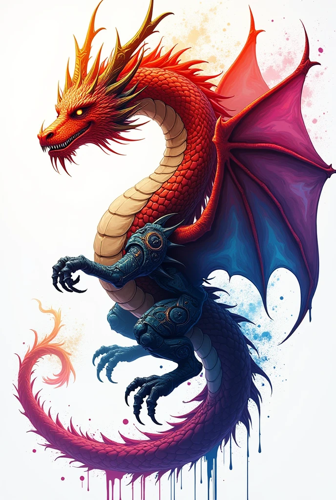 Splash Art, Dragon,dragon, ((White Background)), Sharp Eye, Magnificent Instagram, Art Station, Colorful paint splash style, Contour, Very detailed , Unreal Engine, Fantasy, Intricate details, Splash screen, Complementary Color, Fantasy Concept Art, 8k resolution, deviantart masterpiece, oil, Intense Strokes, Paint drips, Splash Art,Mechanical,