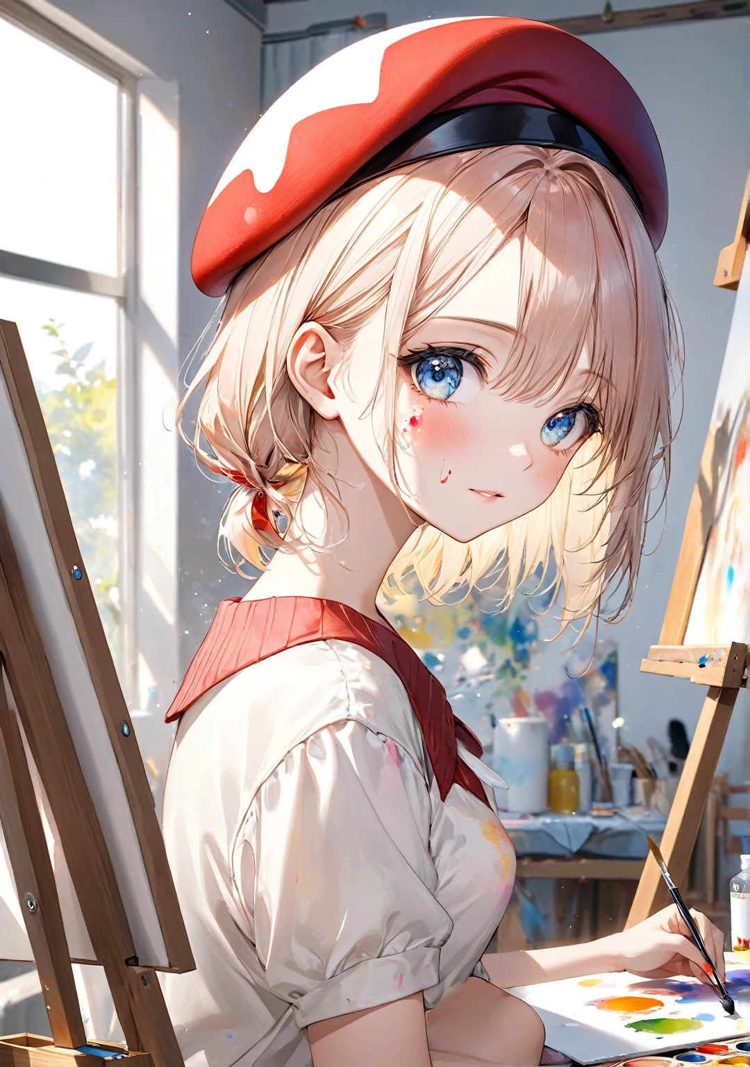 (Highest quality,8k,32K,masterpiece,Ultra-high resolution :1.2 ),born,One person,Super cute,Natural light,Clear, shining eyes,20-year-old,Fair skin,Drawing a picture,canvas,Paint on the face,My clothes are stained with paint,beret,In underwear,Painting class background