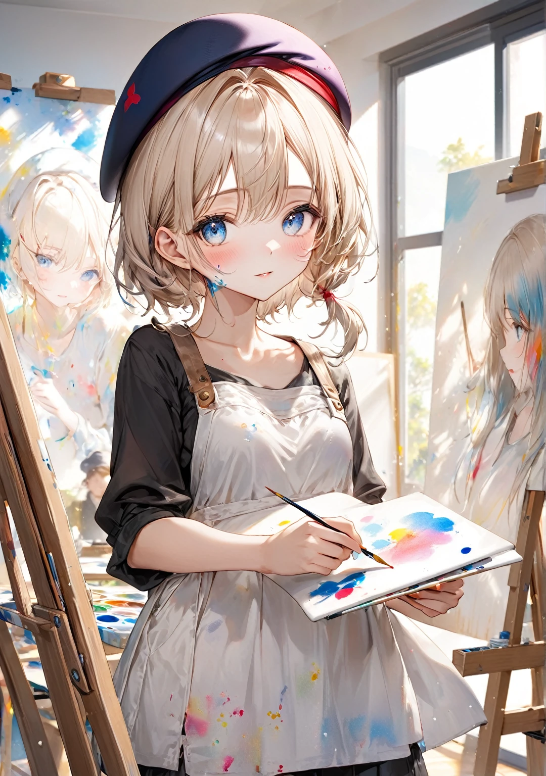(Highest quality,8k,32K,masterpiece,Ultra-high resolution :1.2 ),born,One person,Super cute,Natural light,Clear, shining eyes,20-year-old,Fair skin,Drawing a picture,canvas,Paint on the face,My clothes are stained with paint,beret,In underwear,Painting class background