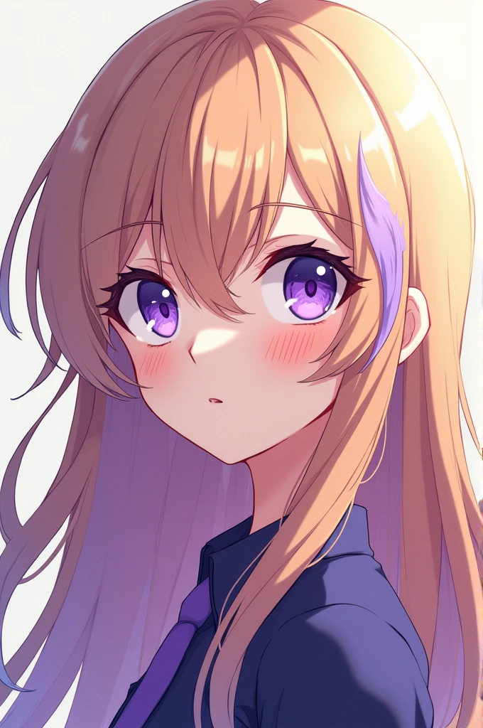 16 year old girl, in the style of the anime My Hero Academy, Pale skin, long coppery blonde hair with lilac streaks, slightly slanted eyes of a lilac color. Only their face can be seen