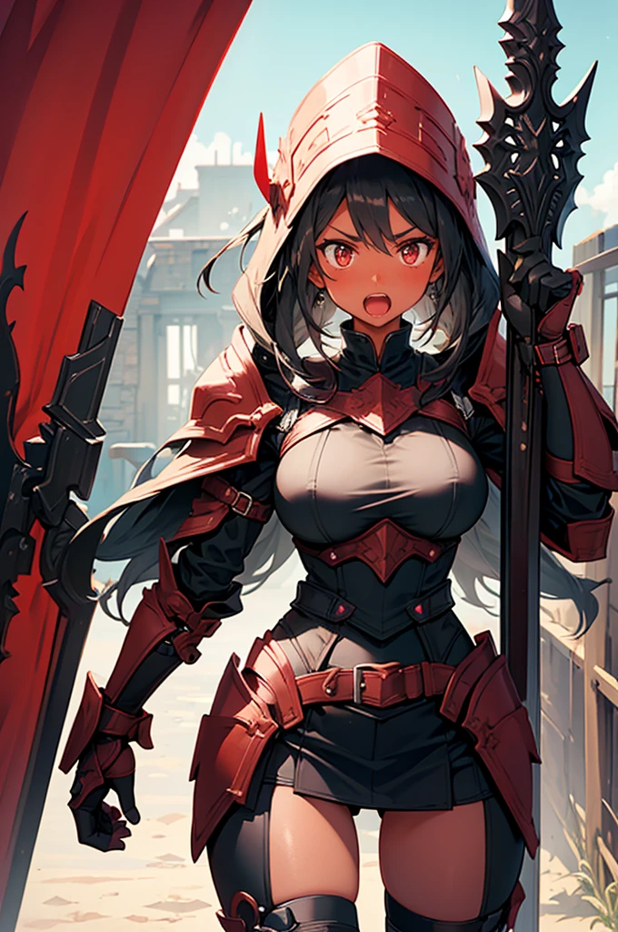 dark-skin black-tied-up-hair woman holding a red flag, with big breasts, wearing leather cloth-armor in brown and red colors, maniac-face-expression, big eyes, UHD-eyes, warzone background