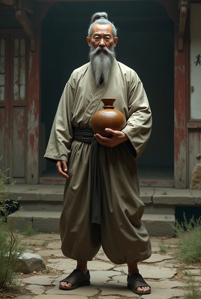 make a kung fu master from 1900. he fights the drunk master style. make it based on the character from the game the king of fighter Chin Gentsai. and there is no film of what chan printed master. make it realistic.he is holding a gourd or sake gourd.