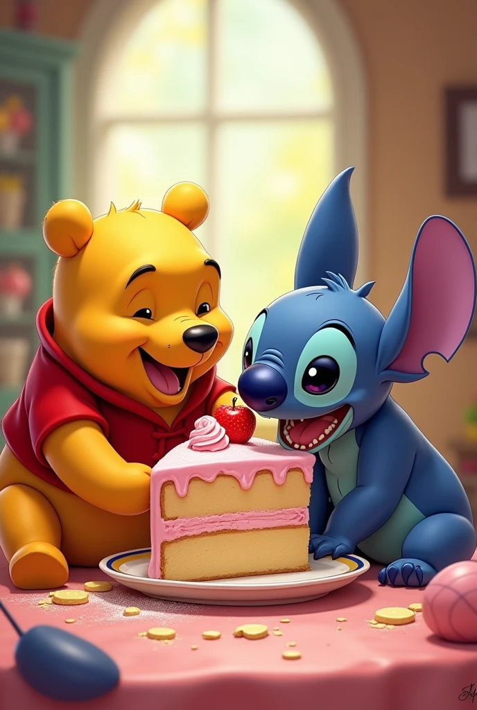 Cute 2d animation, Winnie the Pooh and Stitch eating cake, colorful, cheered up
