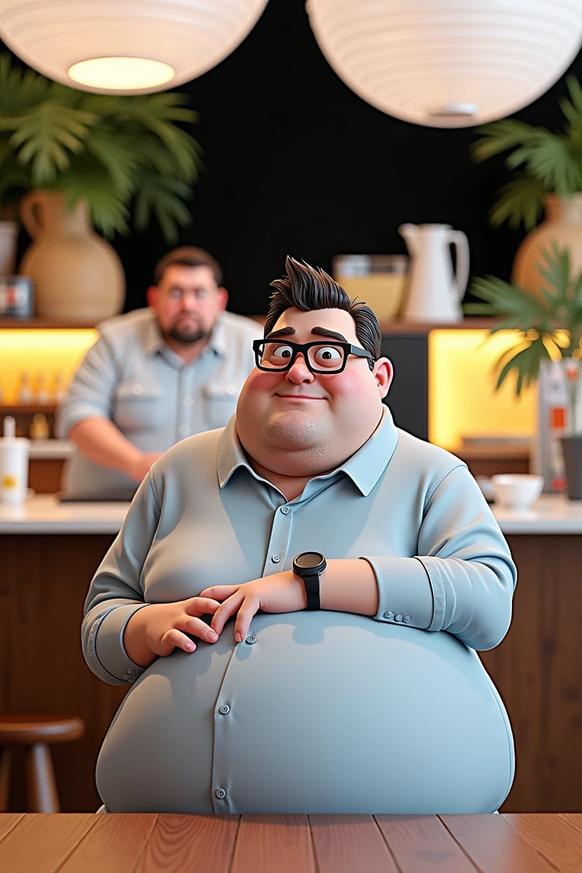 Cartoon character of a man in black glasses and blue shirt, an animated character, stylized character, animation style rendering, 3d stylized, Arnold Maya rendering, Stylized 3D rendering, toon render screenshot, 3d character, 3d character, Stylized 3D rendering, 3D character rendering, cartoon character, Personagem de close up, character posing, (Pixar-style) (master part:1.2) (bokeh) (best qualityer) (skin detailed) (detailed texture) (8k) (Argilla) (cinematic lighting) (sharp focus,Sit down and lift your upper body