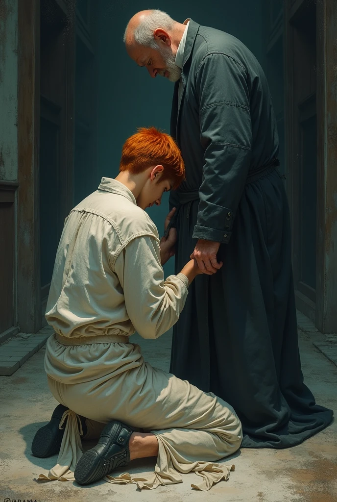 Yeonjun was in a humiliating position, kneeling before his father, head bowed and hands clinging to the linen cloth that covered his father's legs. His body trembled, not only from the cold that ran through the room, but from the fear that consumed him. Dull Orange hair. Beauty angelical. Tattered clothes.