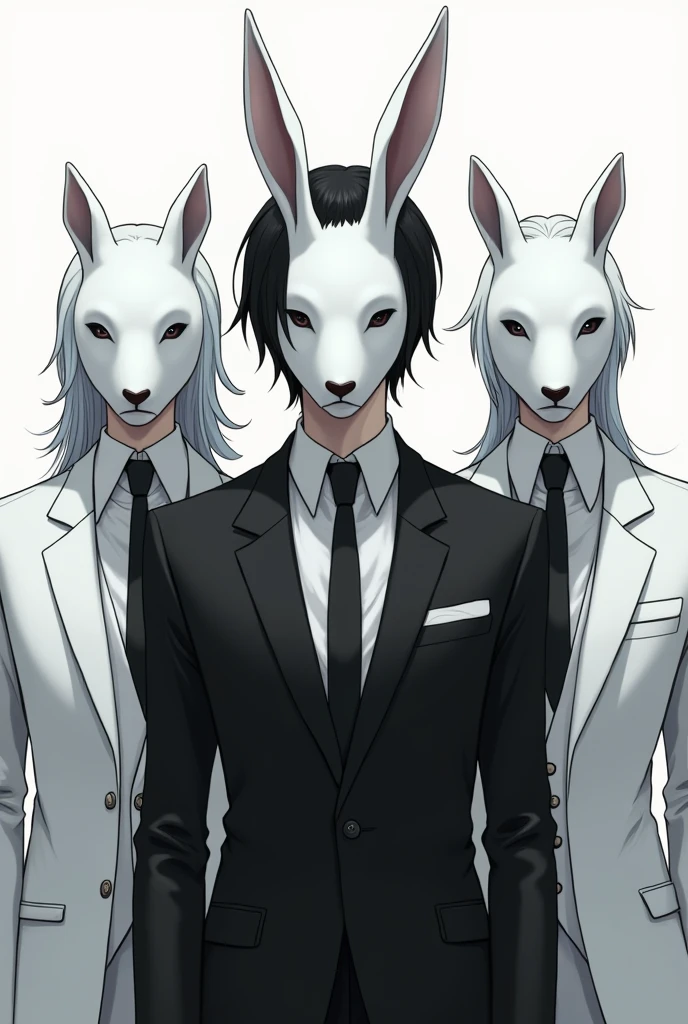 Create an anime-style character with short, straight black hair, white skin, wearing a white bunny mask and a black suit. The character should have a sleek and mysterious appearance. It must be a man and the mask must cover his ENTIRE face. Make two more characters on each side of him. Both wear a white suit and also have a mask on their face, except theirs are polar bears. The characters are twins and have white hair, the only difference being that one has long hair, tied in a ponytail and the other one has short, messy hair. I don't want any furry and the mask MUST cover their entire FACE.
