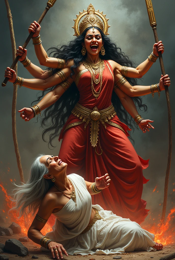 Angry Goddess Durga keep one leg on the shoulder of that old lady, uses weapon to slaughter an old lady who is wearing white saree