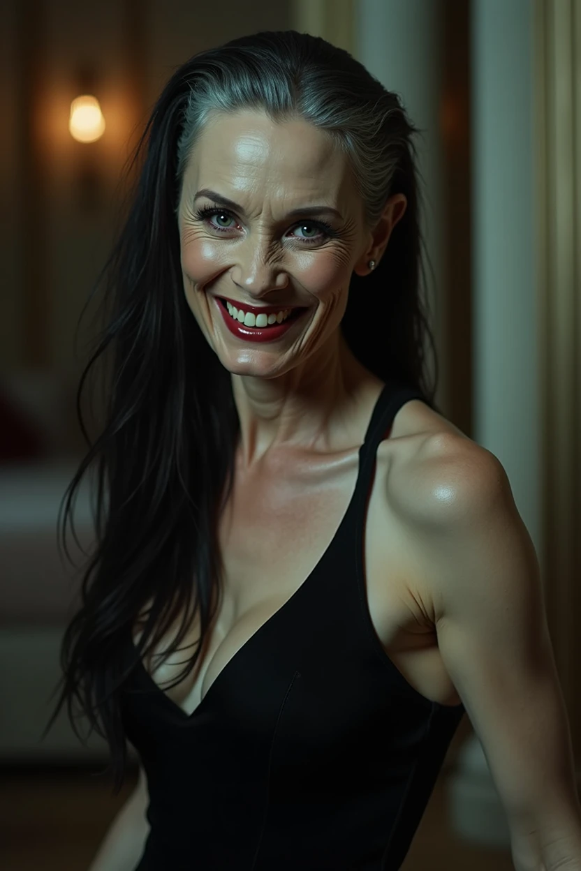 Female dominatrix aged 60, thin very white wrinkles, pose for selfie not Instagram, black gown, smiling showing teeth, heavy makeup with long black hair and black eyes looking at the camera, detailed photo, realistic lighting, top quality real skin: 1.4, Enhanced cinematic lighting: 0.9,hyperrealisti: 1.4, (soft lighting: 1.05) moving figure, sexy dominant pose, domination, mistress, BDSM