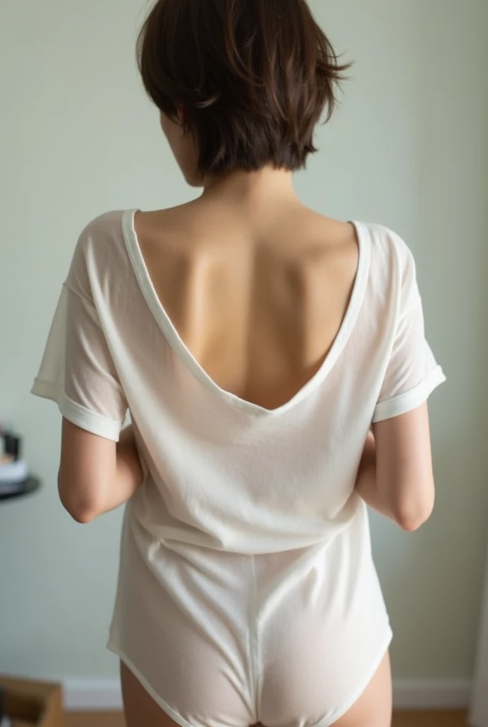Japanese women、50 years old、Brown hair short cut、See-throughTshirt、Small breasts、White panties、Get on all fours and raise your hips high