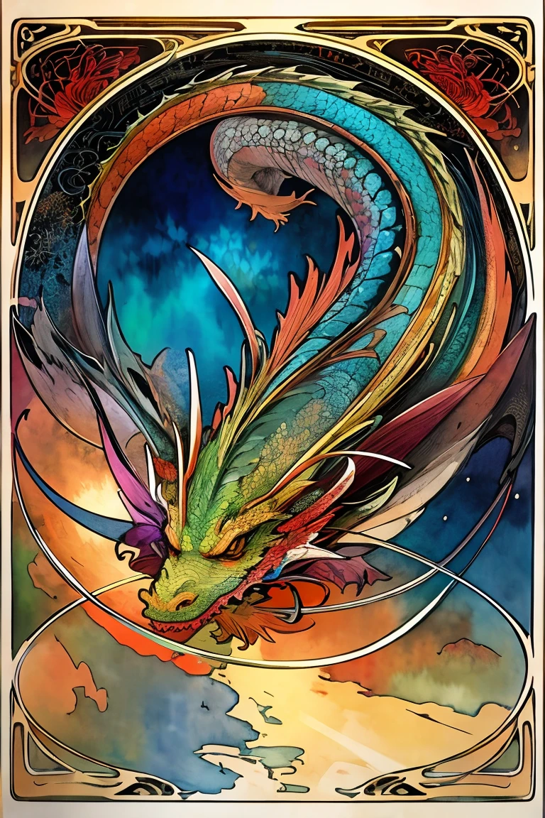 software,Tabletop, 最high quality, High resolution, detailed , Hands on the details, 指のdetailed, detailed面, 脚のdetailed, alone, Watercolor, (Art Nouveau:1.25), Maximalism art style, Neon Theme, Suprematism, 美しいAttention to detail目,超detailed,Beautiful colors, Attention to detail, high quality, Backlight, ((Dragon)), Sky High
