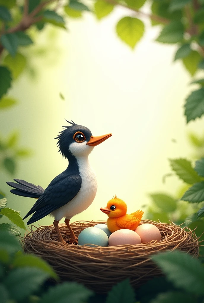 A nest with two closed eggs and another egg from which a bird with orange feathers hatches, the mother bird has a dark lead head and white body, excited with wings raised, all in a leafy tree., White background