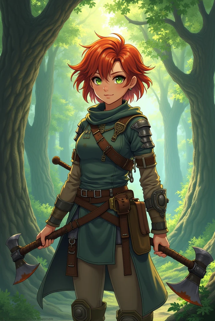 A cute and mature woman with short, red hair, but pulled towards orange, a warrior in old clothes and with old, worn armor, holding a dagger and an axe, green eyes in the middle of the forest, anime styling.