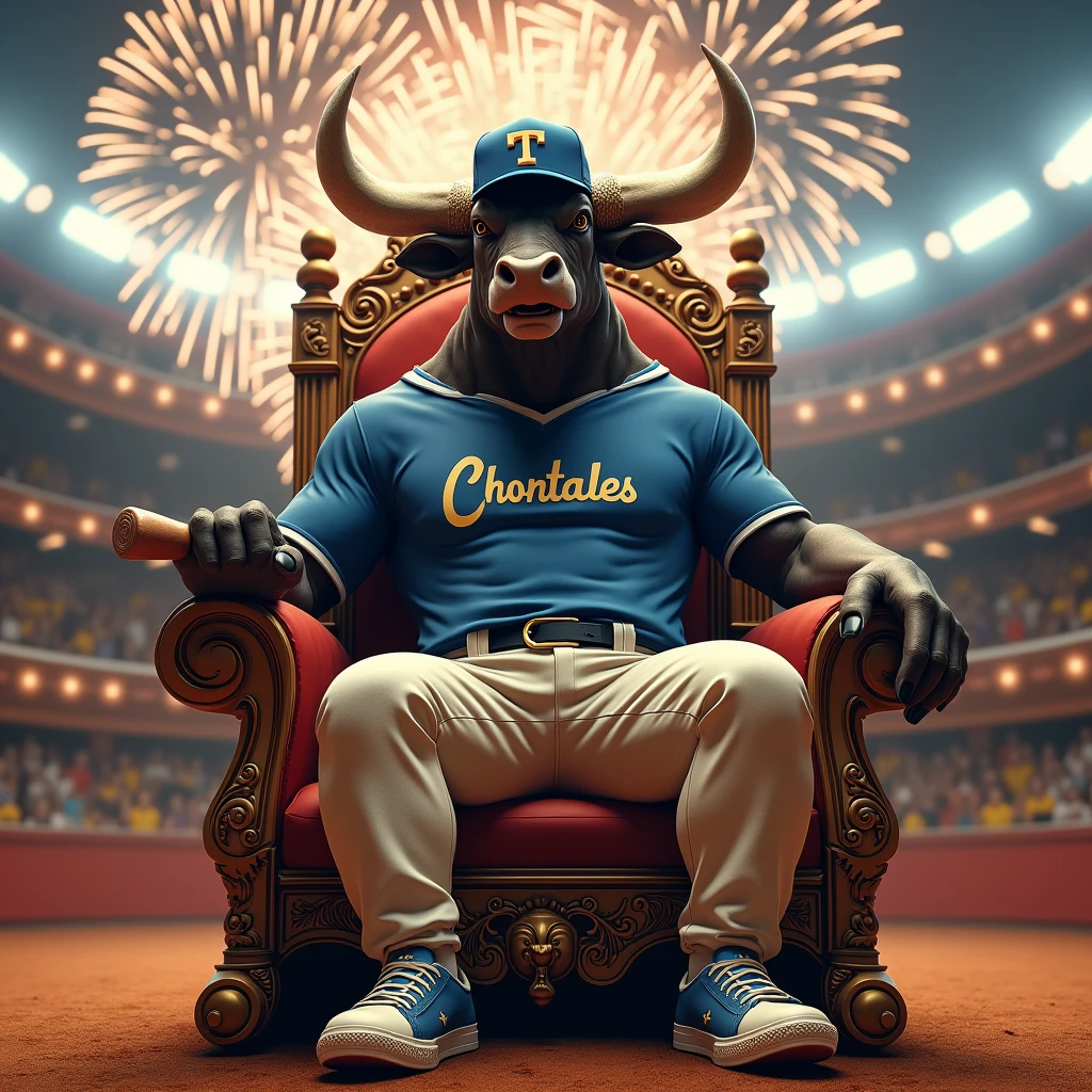 A giant furious bull with a muscular body sits on a luxurious throne inside a bullfighting arena. He has large horns, a cap with the letter T, a blue t-shirt that says 'Chontales', cream-colored baseball pants, and baseball sneakers. In one hand he holds a baseball bat and there are fireworks in the sky.