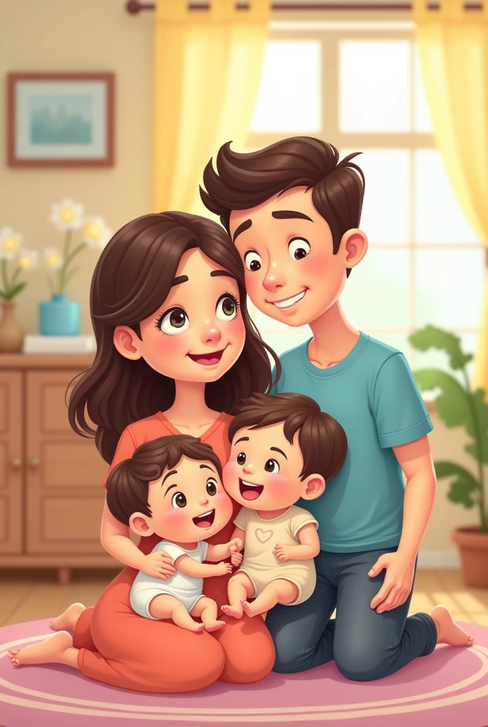 Create a picture cartoon like a male and just female  and two babies one boy baby and one girl and we can recognize that is girl and that is boy 
female is too faty and male is smart