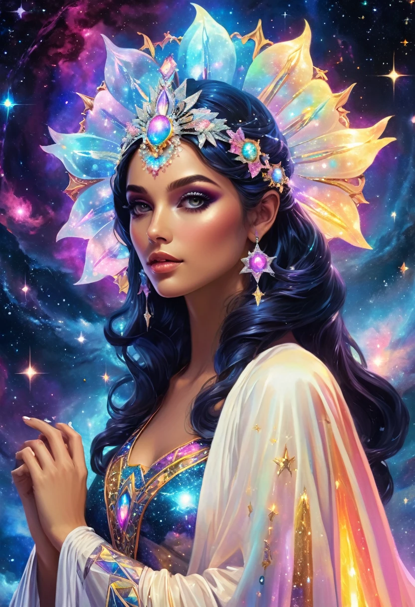 An ethereal cosmic goddess, her holographic form glowing with celestial brilliance against a backdrop of swirling galaxies. This awe-inspiring image is a digitally rendered painting, showing the intricate details of her flowing robes and intricate headdress. Each pixel is meticulously crafted to capture the essence of otherworldly grace, with a mesmerizing play of light and color. The image draws viewers into a mesmerizing realm of cosmic beauty and divine presence.