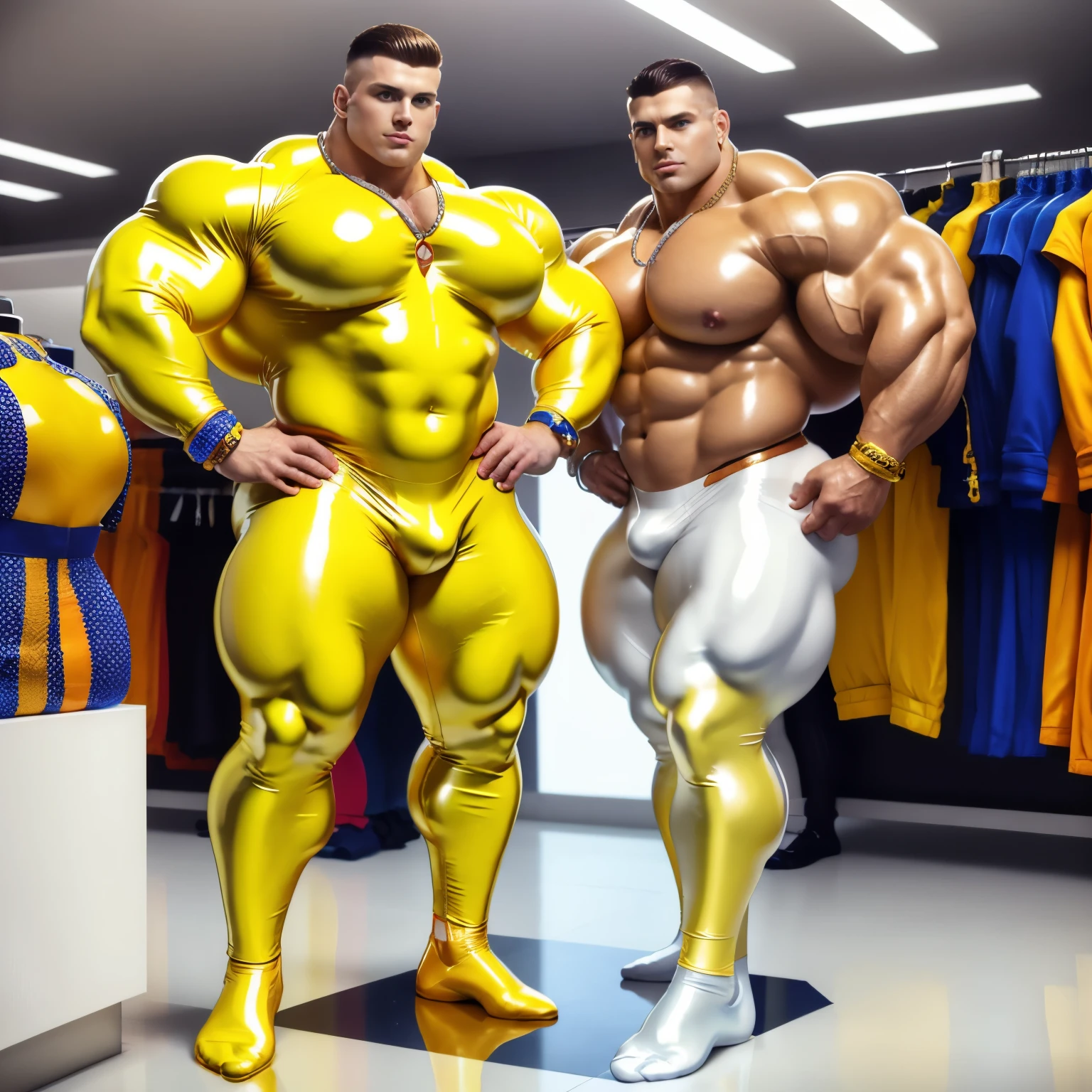 full view full body, one muscular bodybuilded white european handsome Man with clean undercut light-brown haircut, in bright-orange latex jumpsuit and white shiny latex socks, no shoes, wearing gold rings, bracelets, necklaces, posing in gay clothing store, his white latex socks are visible, HQ realistic photo, detailed face