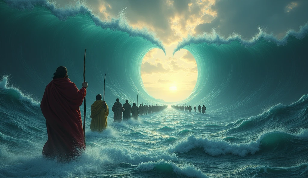 Create a dramatic and awe-inspiring scene depicting Hazrat Musa leading the Israelites out of Egypt, with the miraculous parting of the Red Sea. Show Hazrat Musa standing at the forefront, holding his staff aloft as the waters of the sea tower on either side, creating a path through the sea. Behind him, the Israelites are walking through the path with a mix of fear and hope on their faces. In the background, depict the chariots and soldiers of Pharaoh's army pursuing them, with the ominous waves beginning to close in on them. The sky should be filled with dark clouds, adding to the sense of urgency and divine intervention, with rays of light breaking through to illuminate Musa and the path. The overall tone should convey the miraculous nature of the event, the power of faith, and the dramatic rescue of the Israelites.